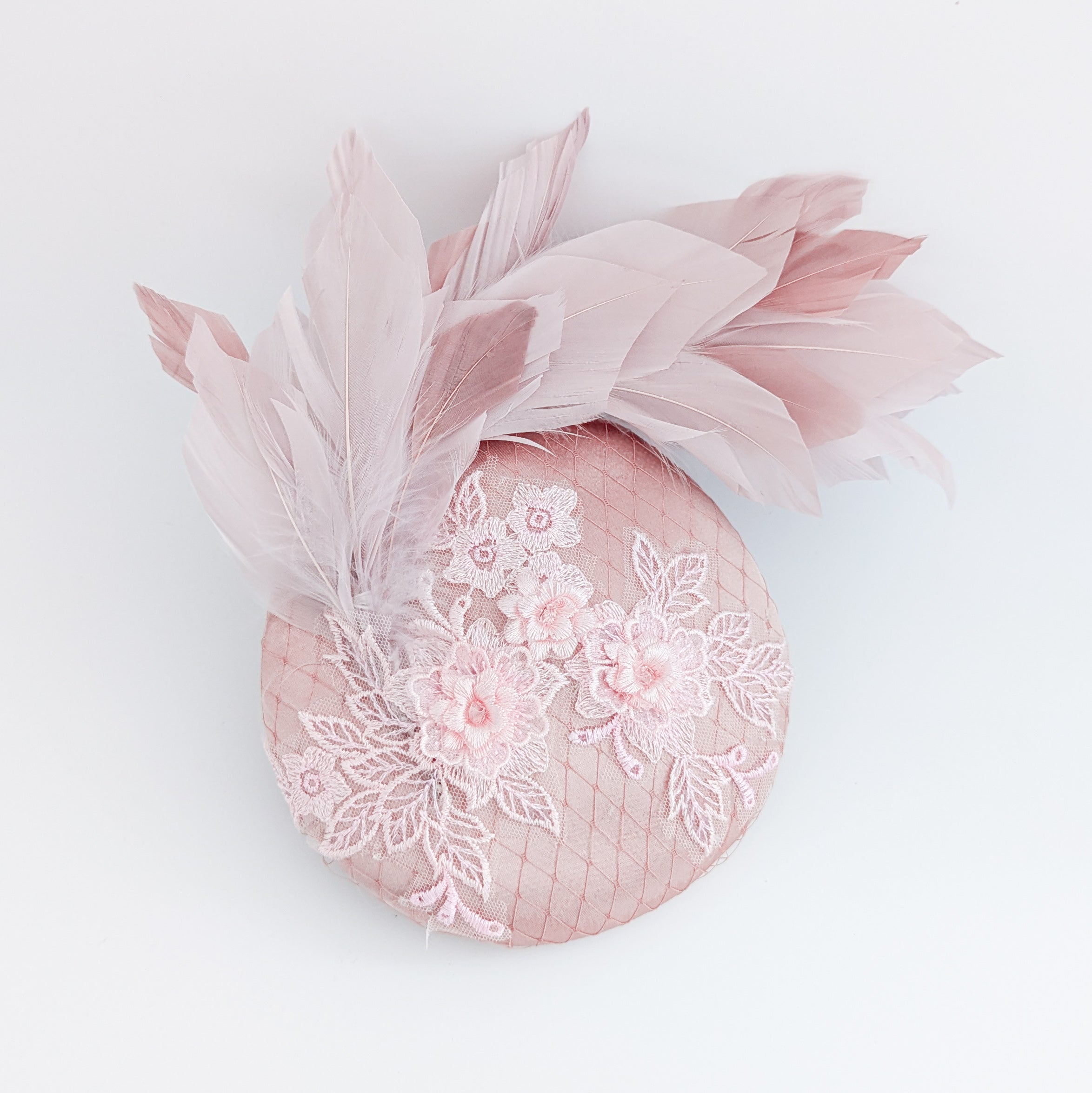 Blush pink feather lace satin fascinator hat