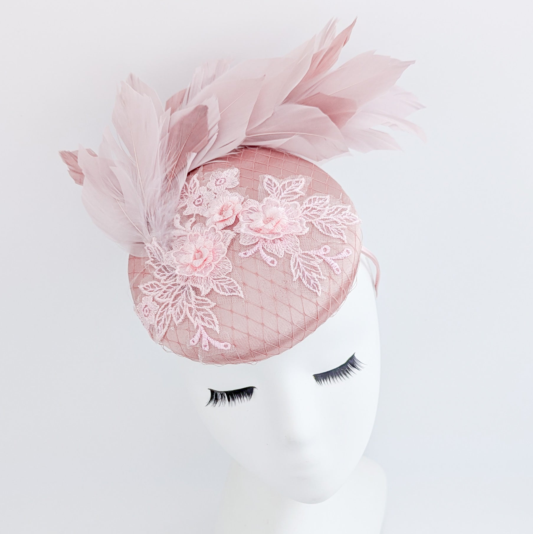 Blush pink feather lace satin fascinator hat