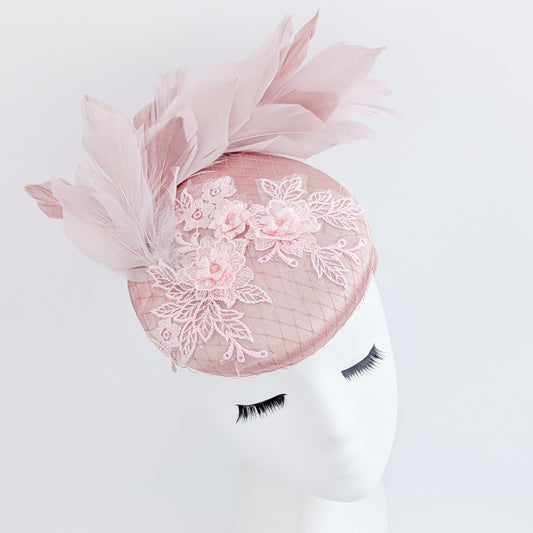 Blush pink feather lace satin fascinator hat