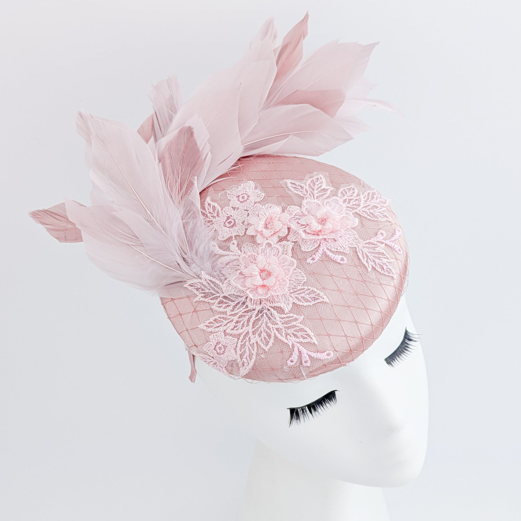 Blush pink feather lace satin fascinator hat