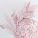 Blush pink feather lace satin fascinator hat