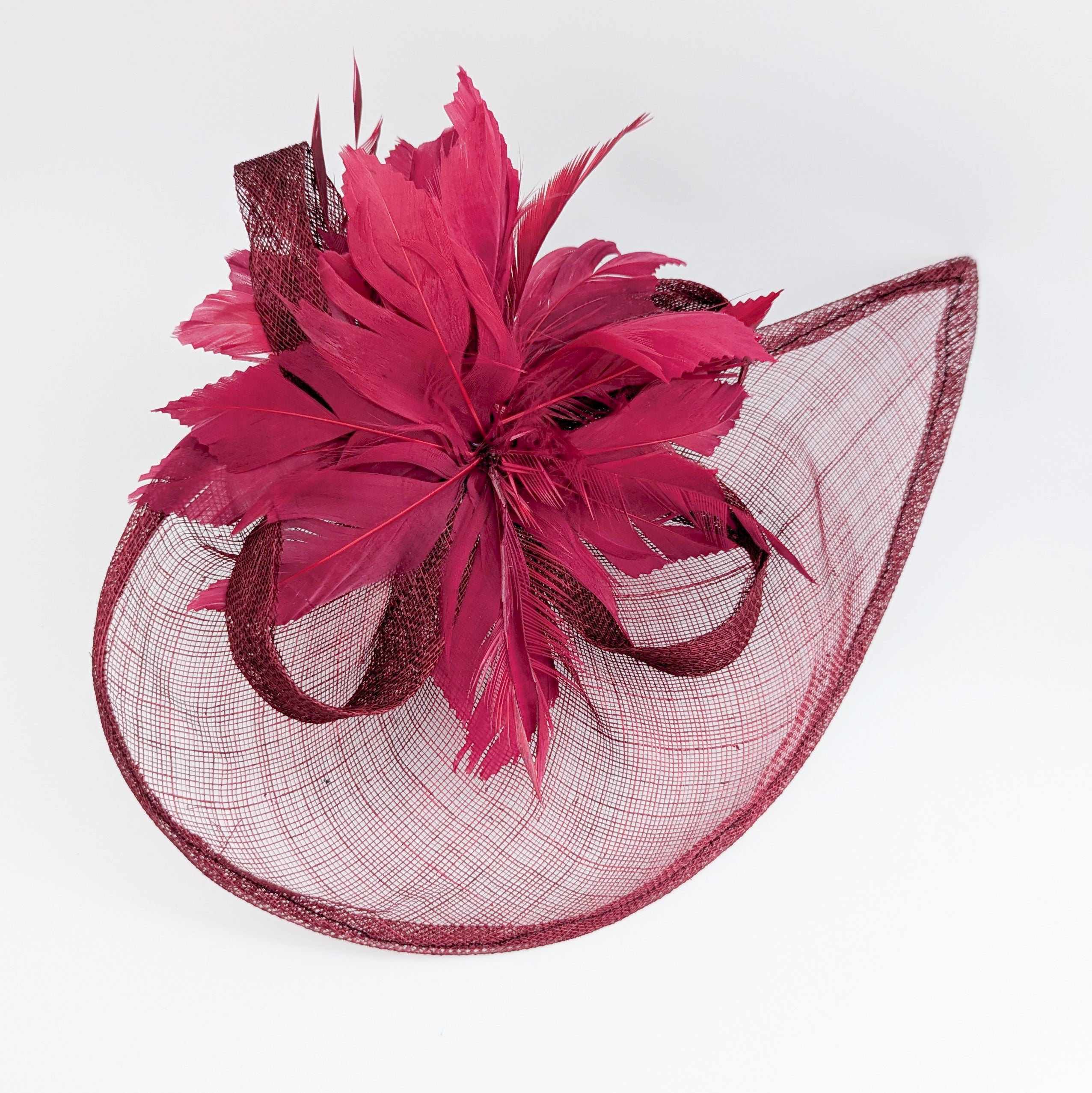 Burgundy feather large teardrop fascinator hat