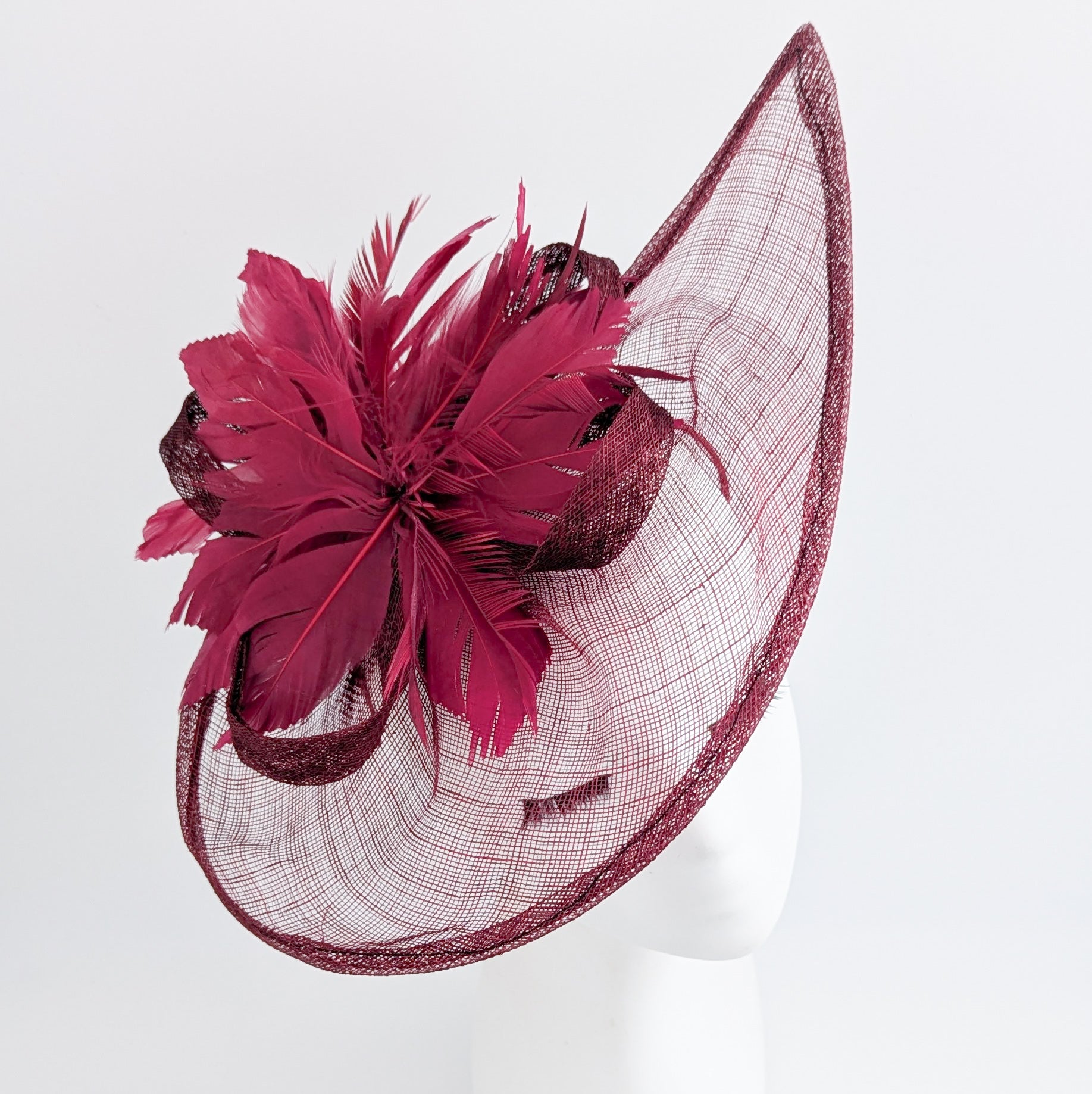 Burgundy feather large teardrop fascinator hat