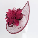 Burgundy feather large teardrop fascinator hat