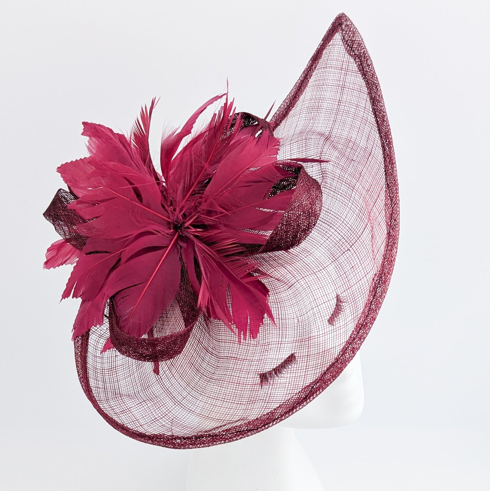 Burgundy feather large teardrop fascinator hat