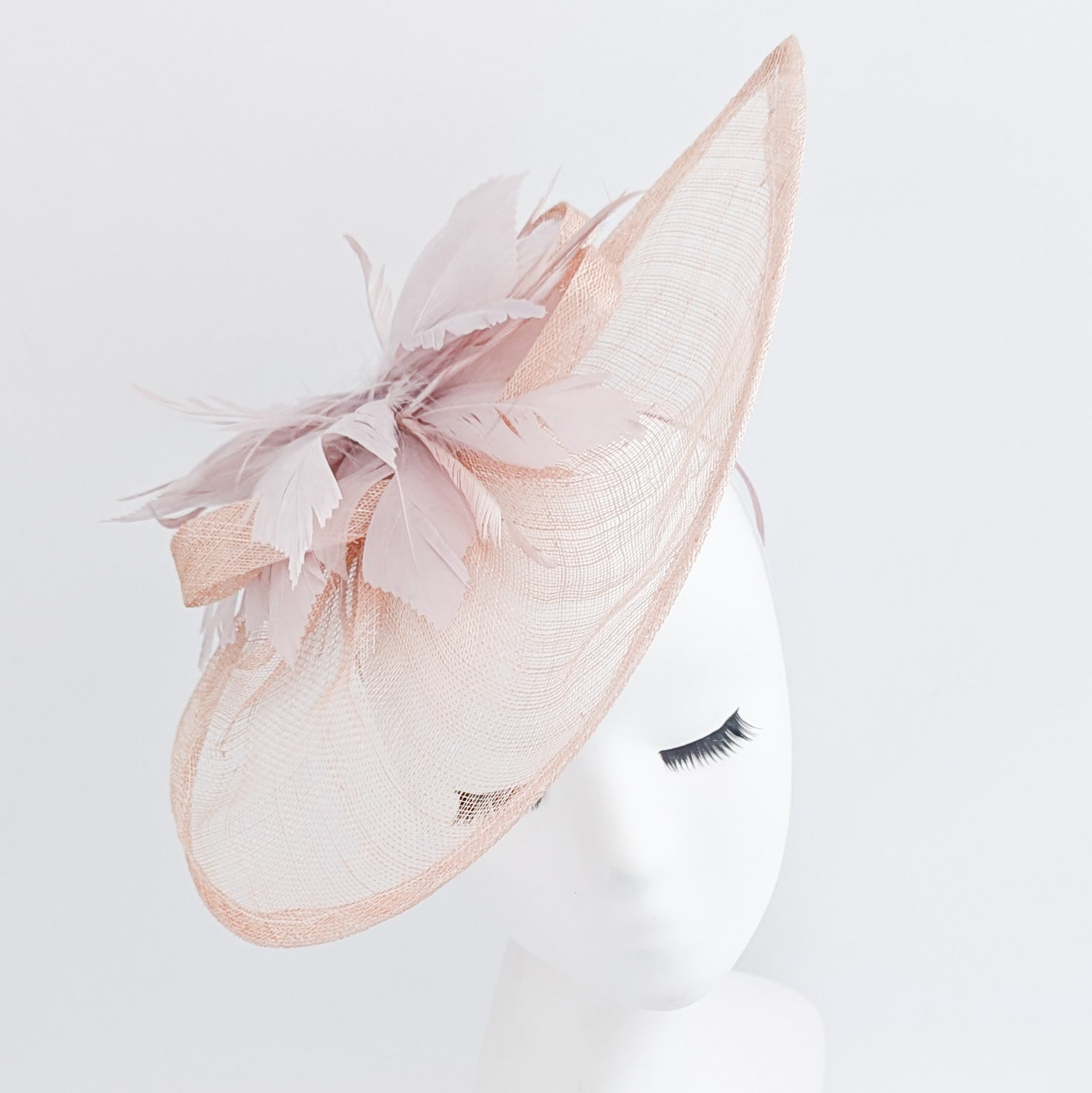 Blush pink feather large teardrop fascinator hat
