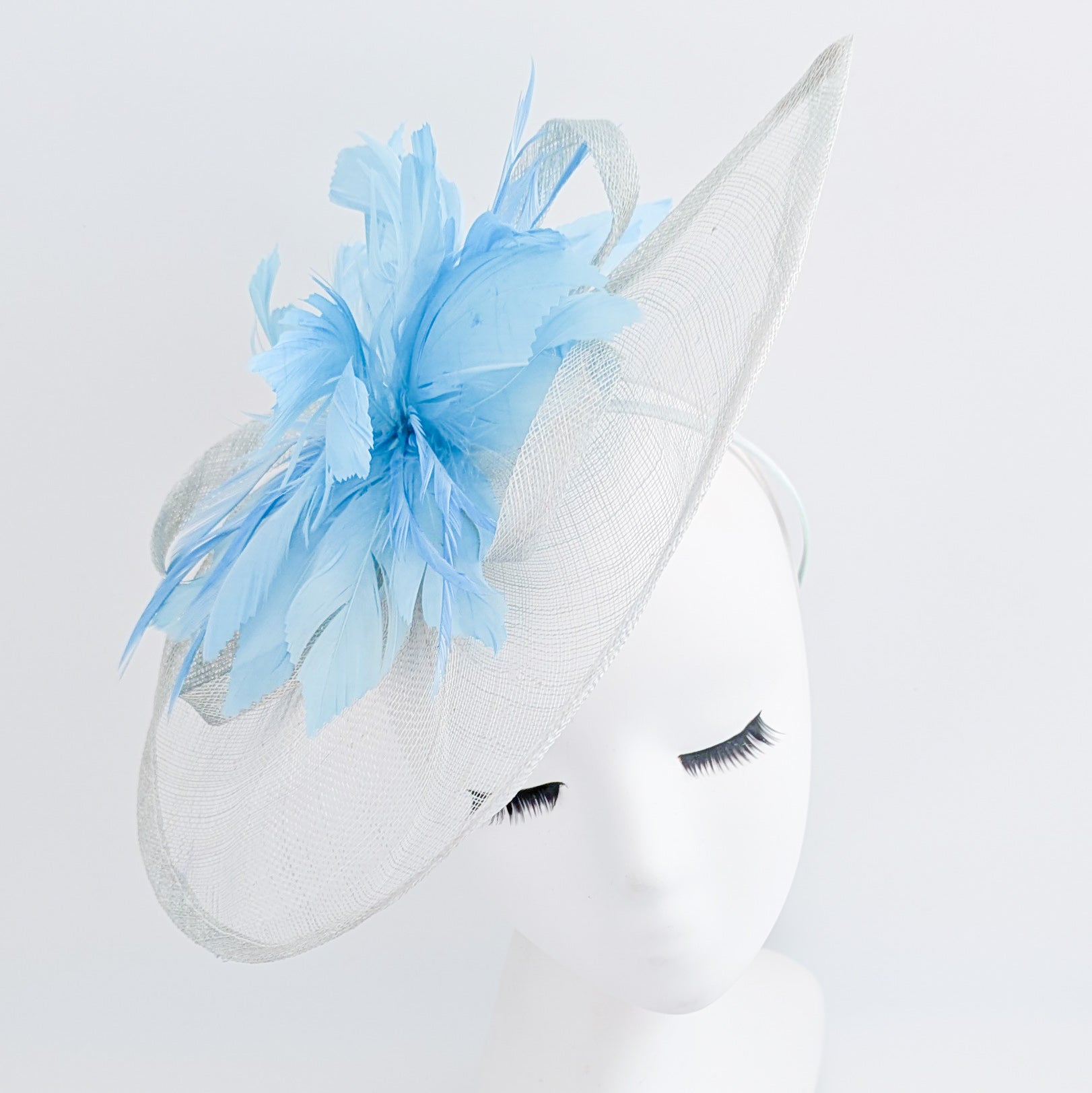 Aquamarine blue feather large teardrop fascinator hat