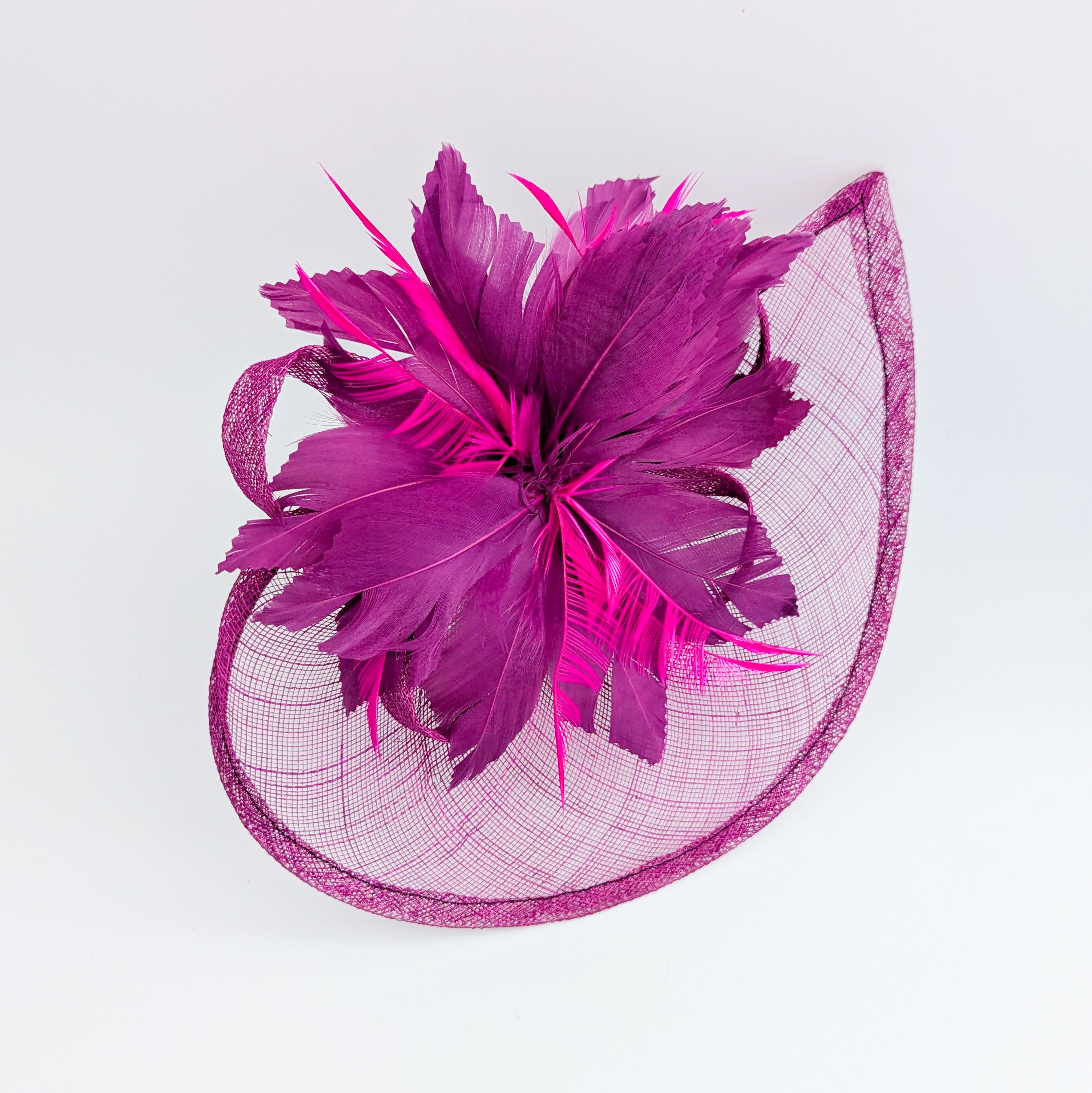 Magenta pink feather large teardrop fascinator hat