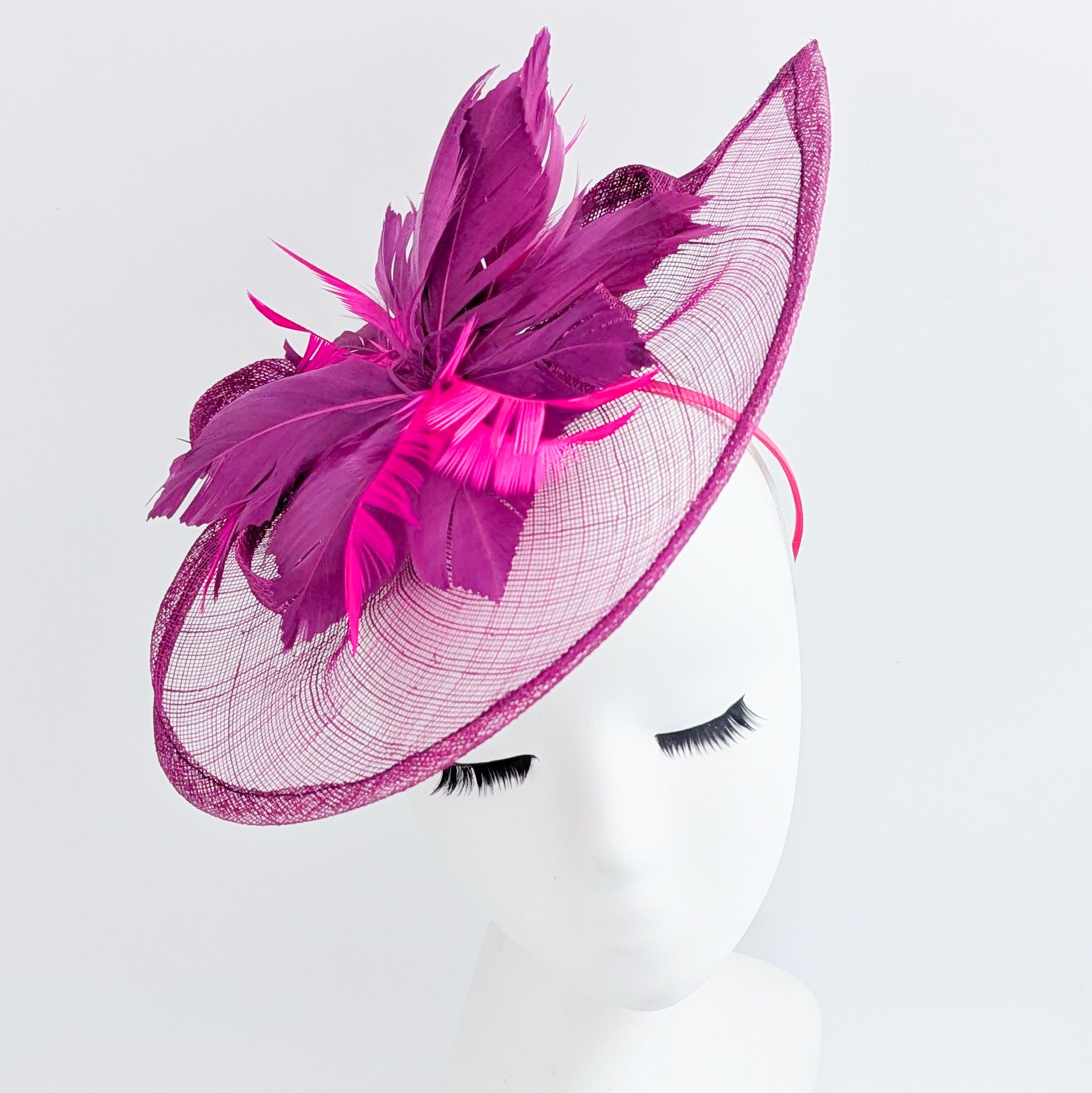 Magenta pink feather large teardrop fascinator hat