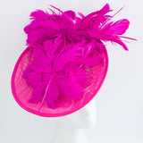Fuchsia pink large feather saucer disc fascinator hat