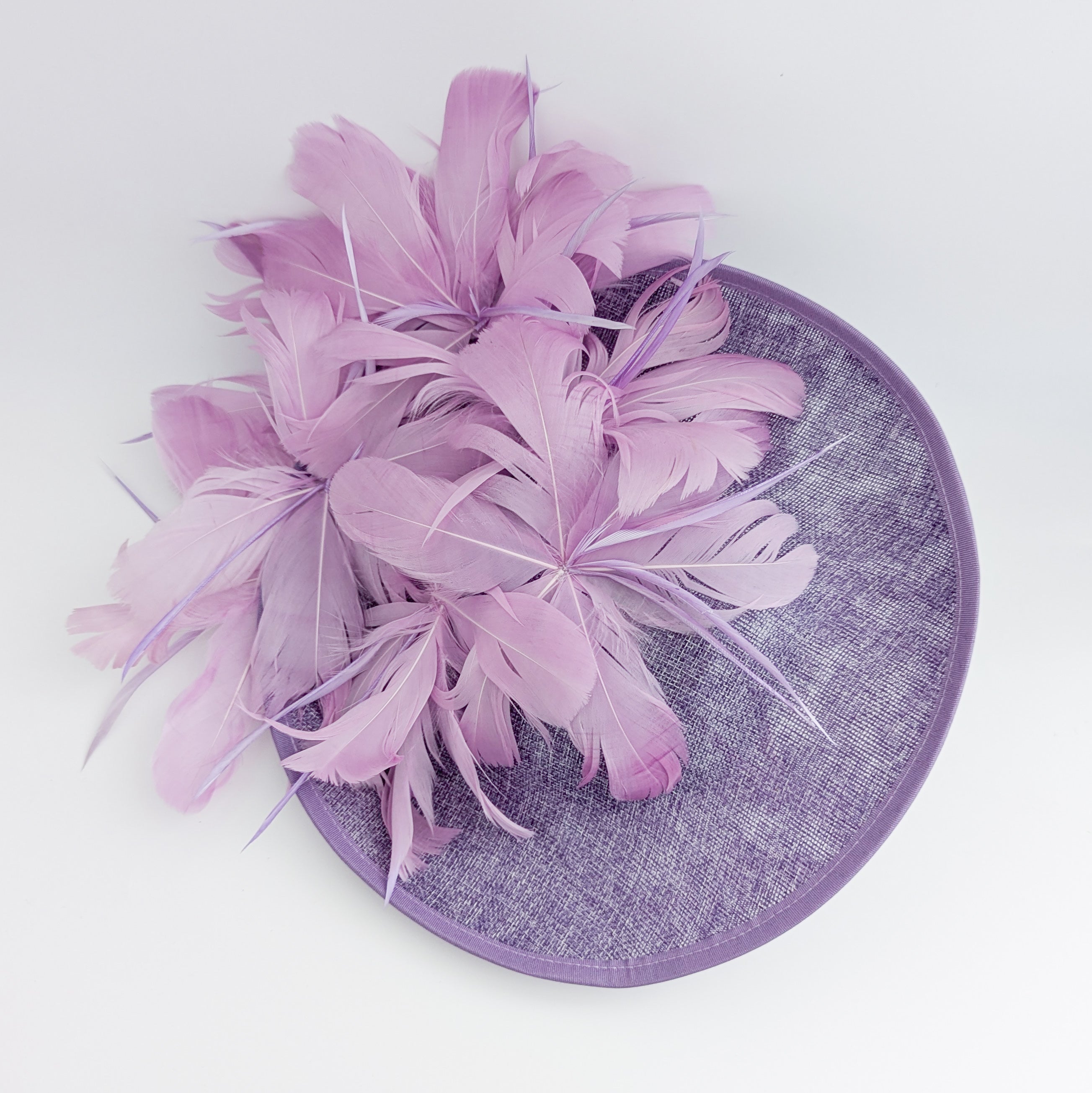 Lavender purple and lilac feather large saucer disc fascinator hat