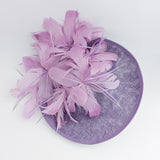 Lavender purple and lilac feather large saucer disc fascinator hat