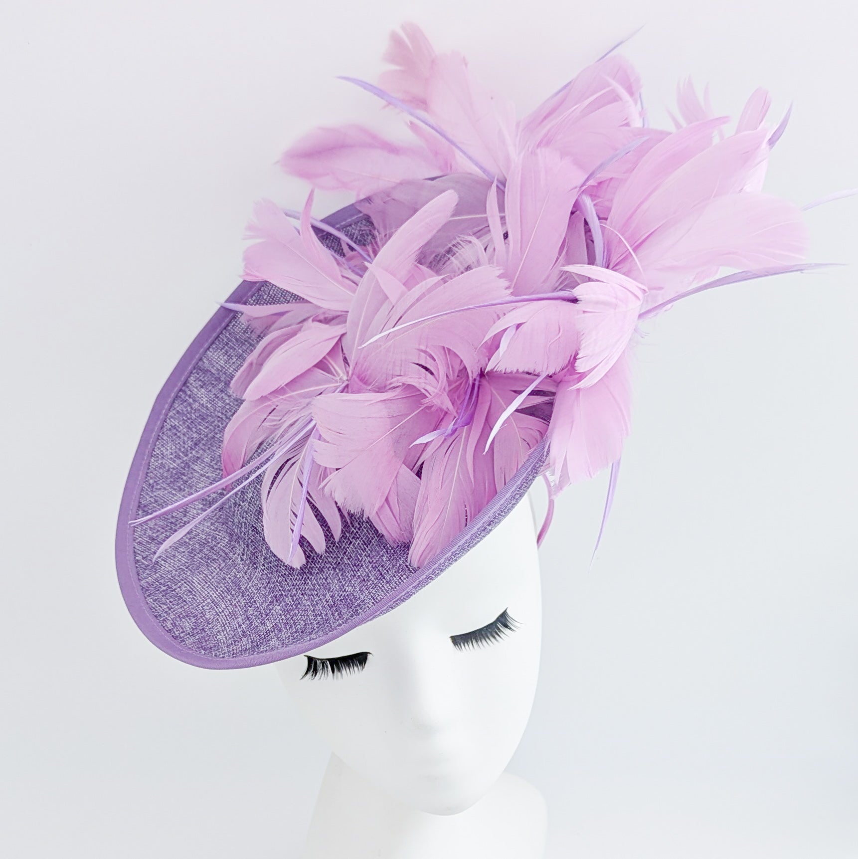 Lavender purple and lilac feather large saucer disc fascinator hat