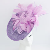 Lavender purple and lilac feather large saucer disc fascinator hat