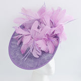 Lavender purple and lilac feather large saucer disc fascinator hat