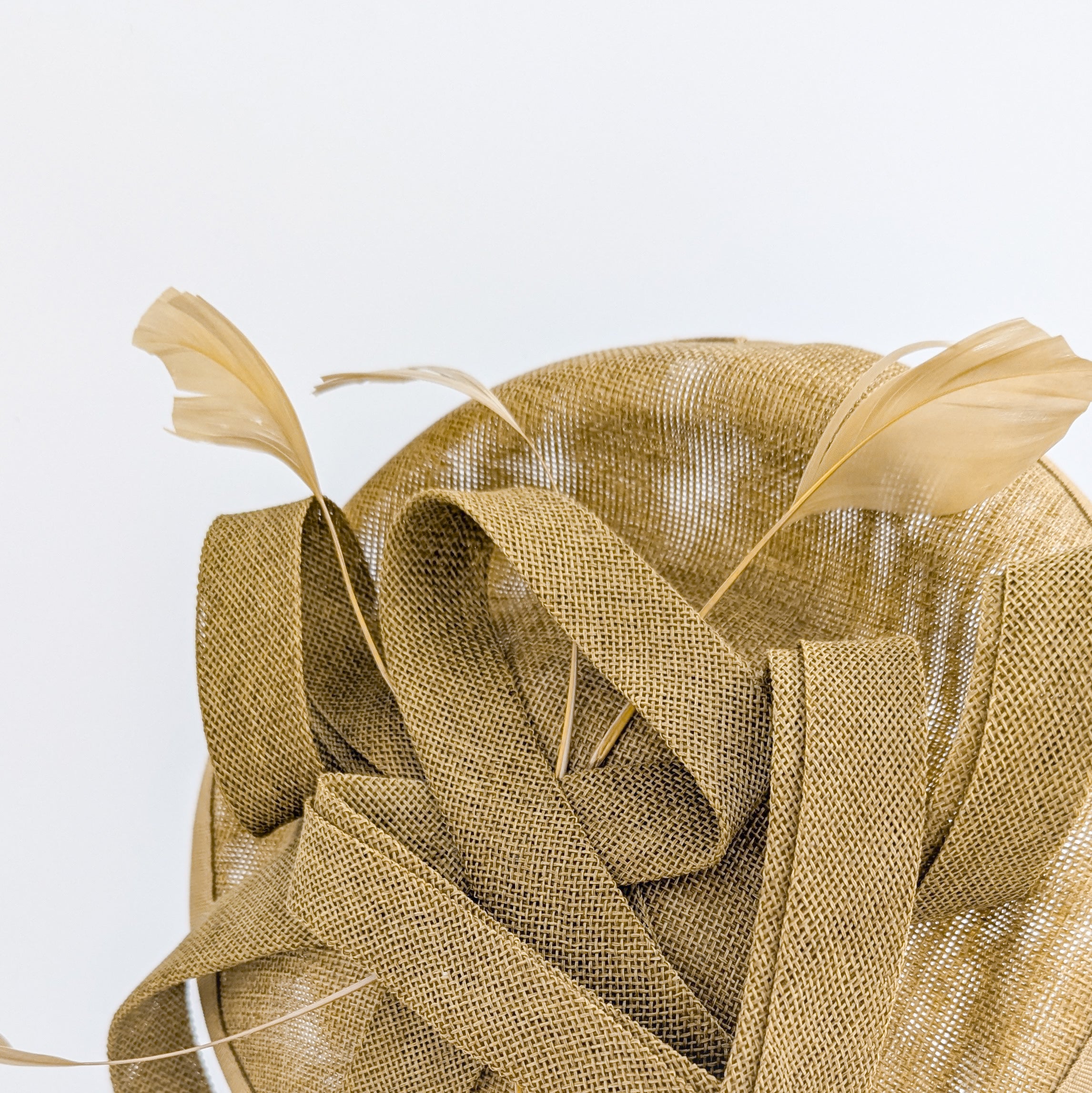 Caramel feather fascinator disc saucer hat