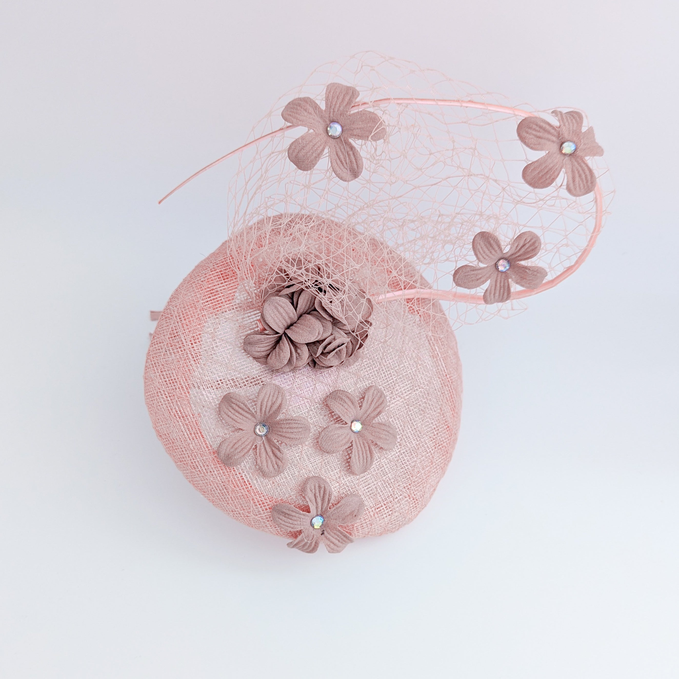 Dusty rose pink flower fascinator hat