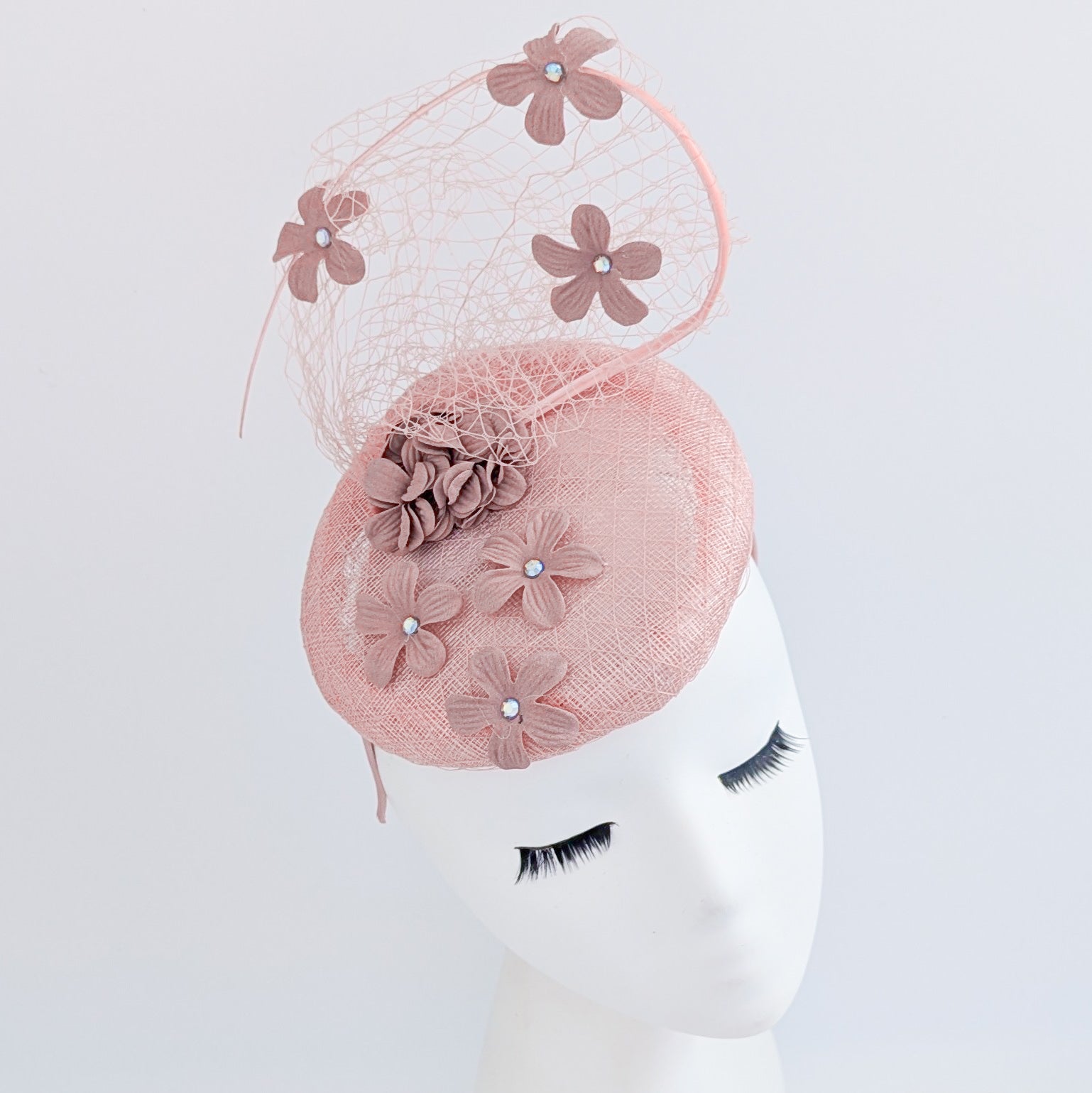 Dusty rose pink flower fascinator hat