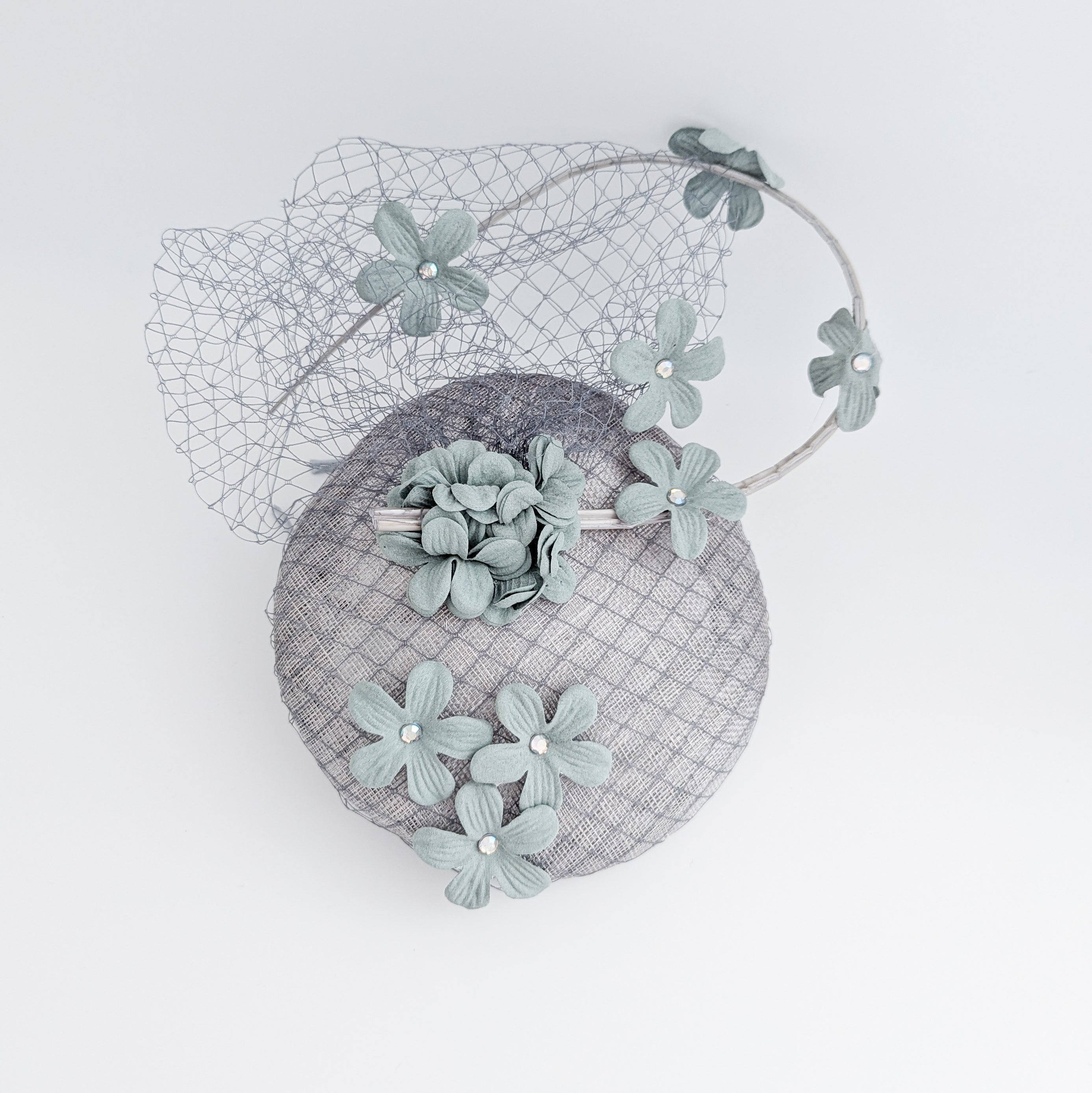 Aquamarine grey blue flower fascinator hat