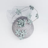 Aquamarine grey blue flower fascinator hat