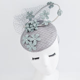 Aquamarine grey blue flower fascinator hat