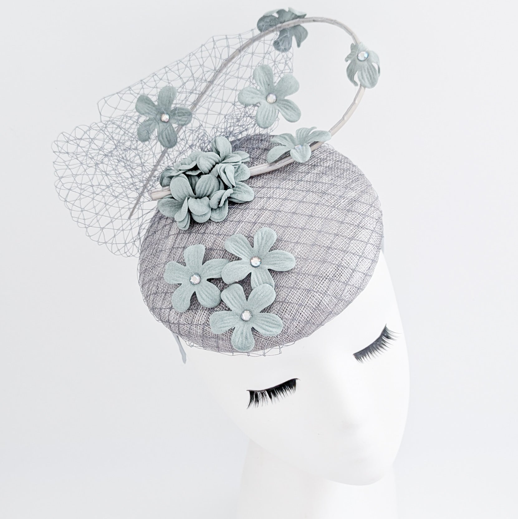 Aquamarine grey blue flower fascinator hat