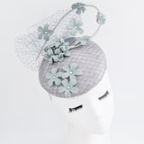 Aquamarine grey blue flower fascinator hat