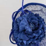 Cappello fascinator disco piattino piuma fiore blu reale