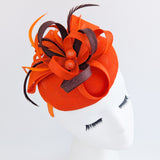 Orange brown feather fascinator disc saucer hat