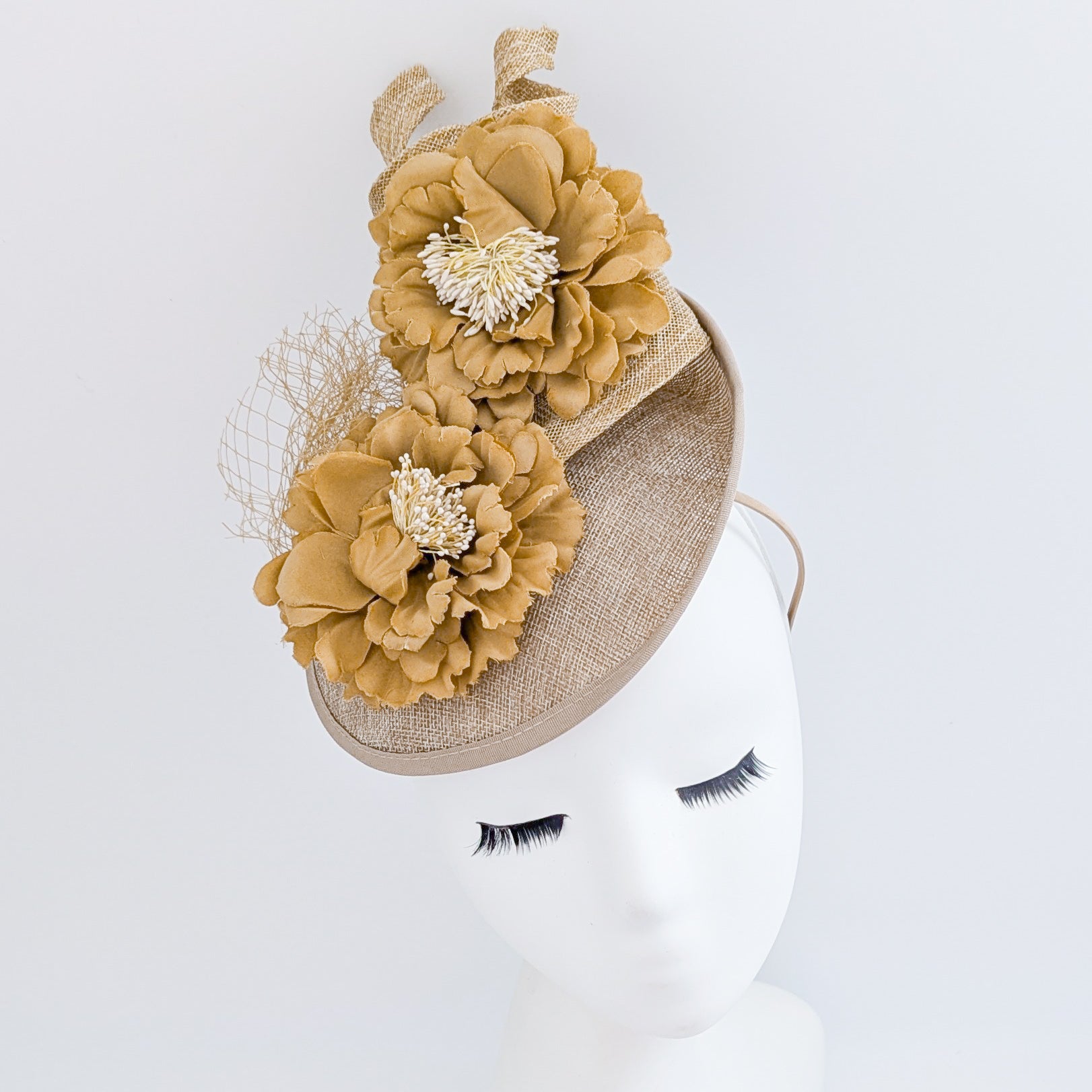 Caramel beige flower fascinator disc saucer hat