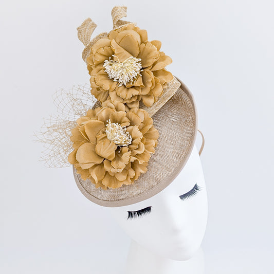 Caramel beige flower fascinator disc saucer hat