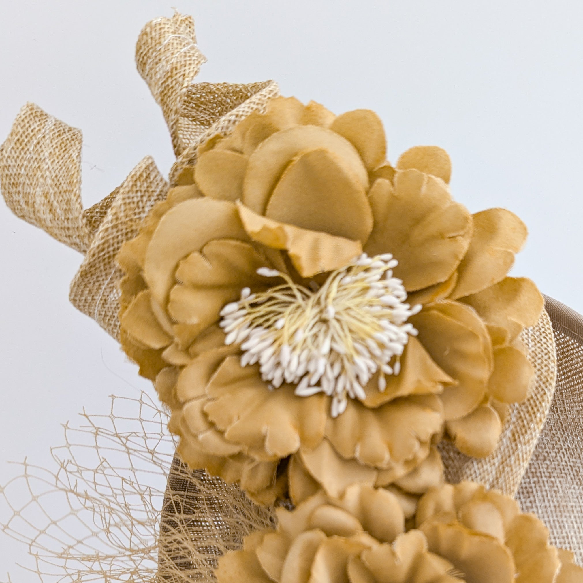Caramel beige flower fascinator disc saucer hat