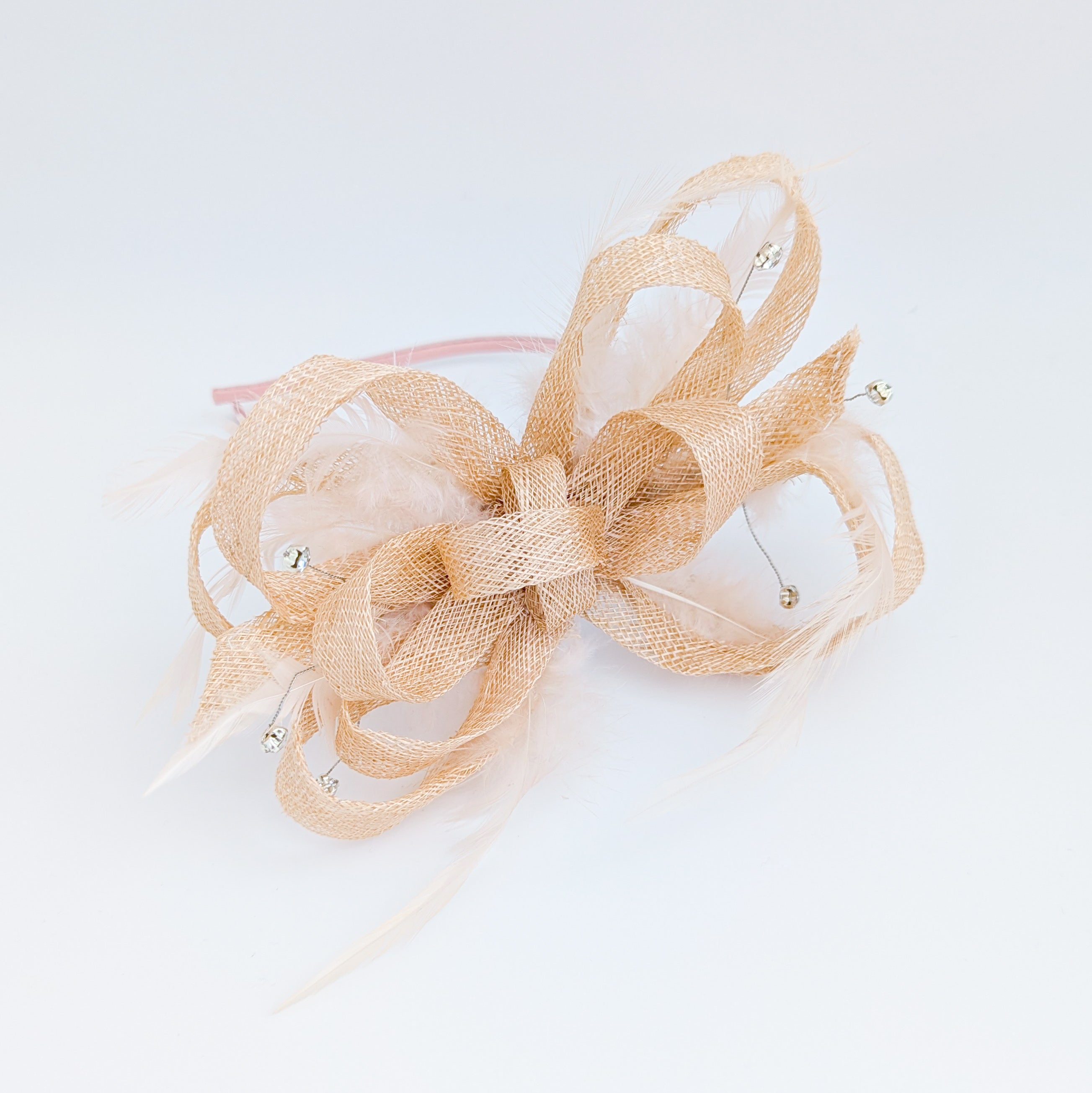 Light peach pink crystal feather fascinator hat