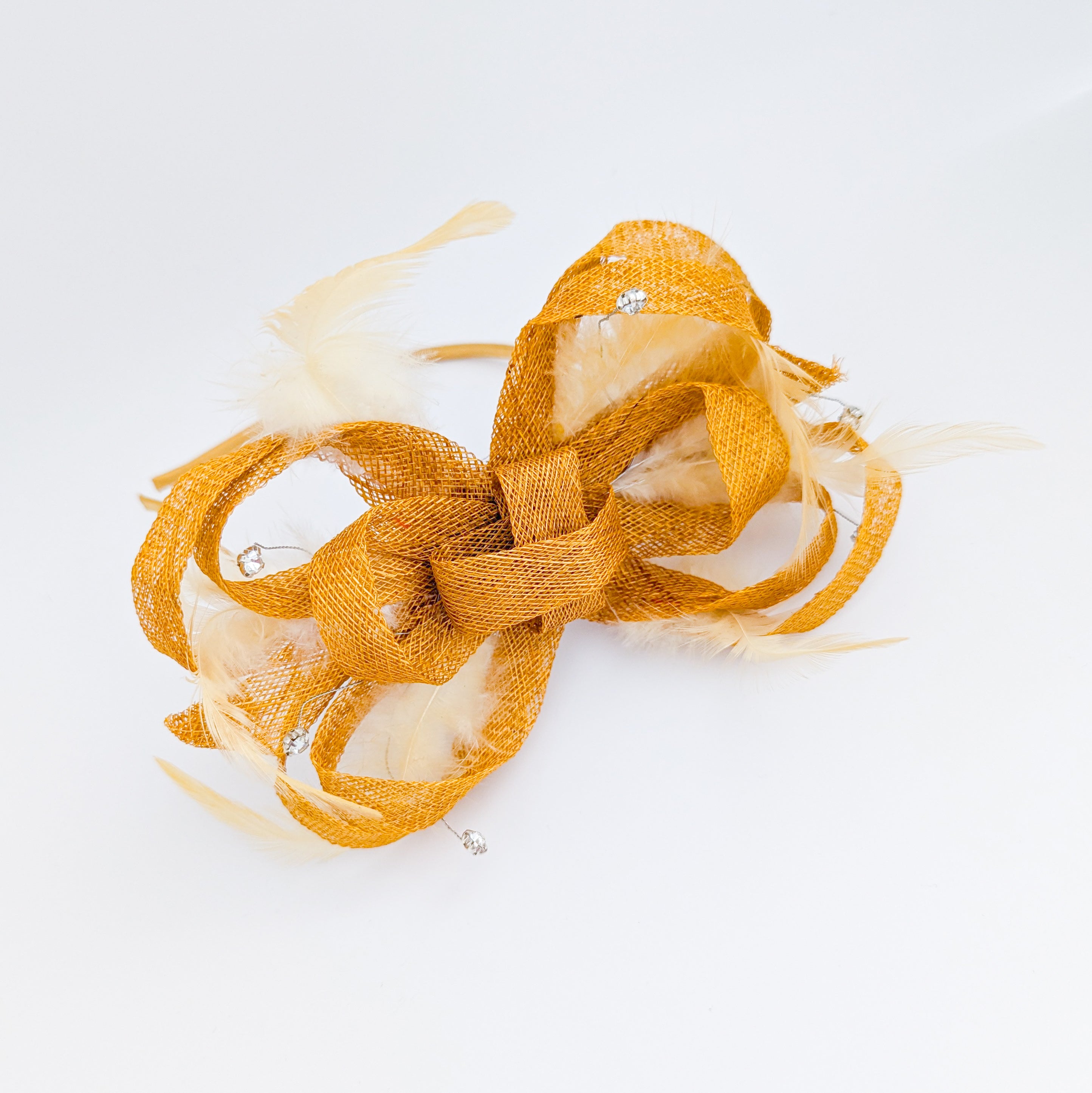 Golden yellow crystal feather fascinator hat