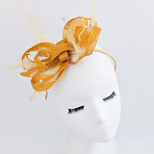 Golden yellow crystal feather fascinator hat