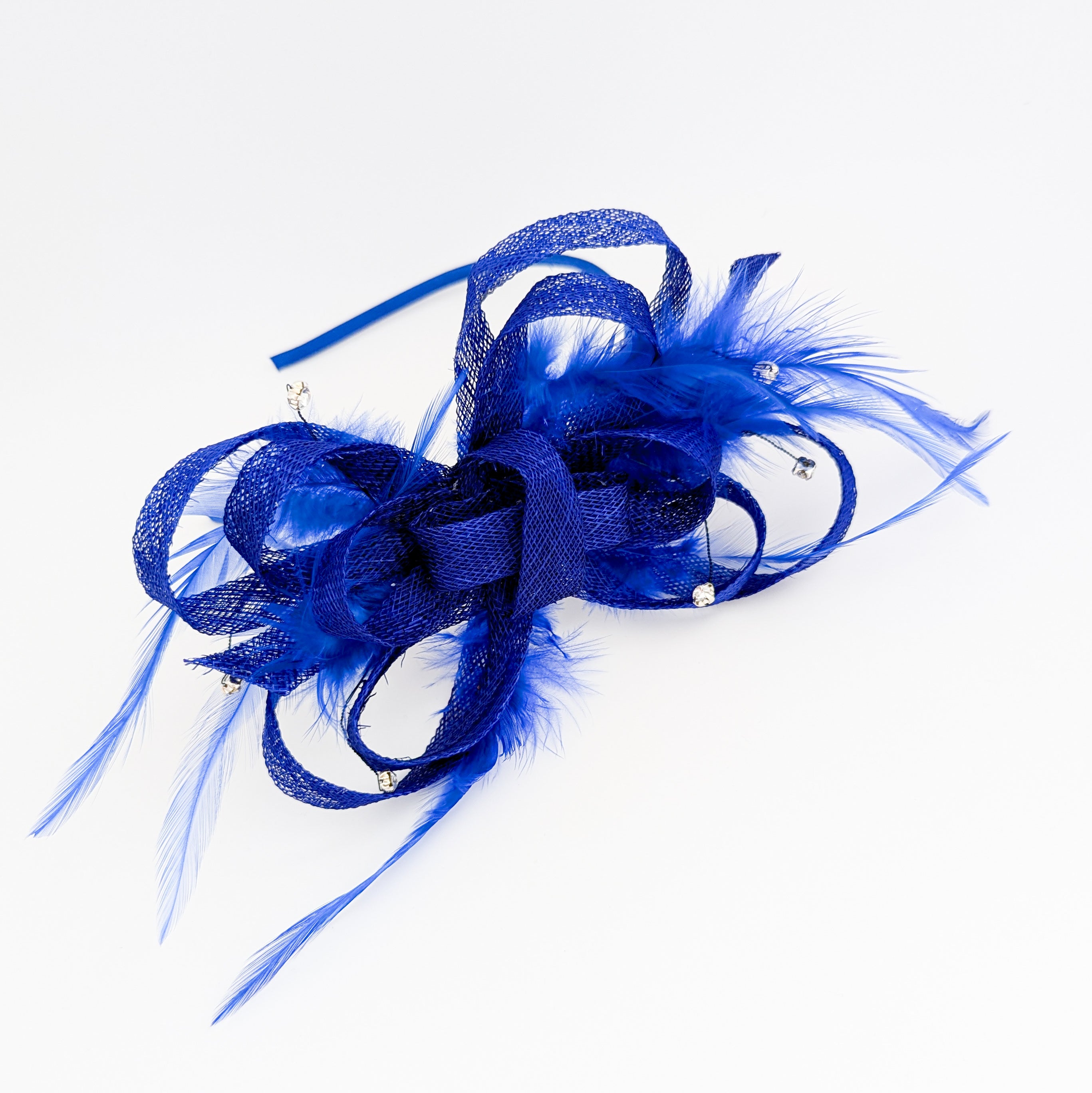 Royal cobalt blue crystal feather fascinator hat