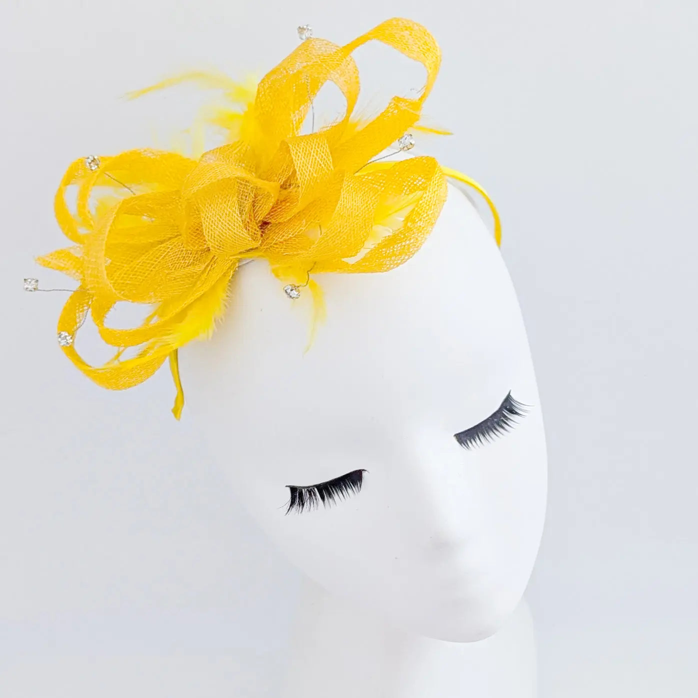 Yellow crystal feather fascinator hat House of Hats