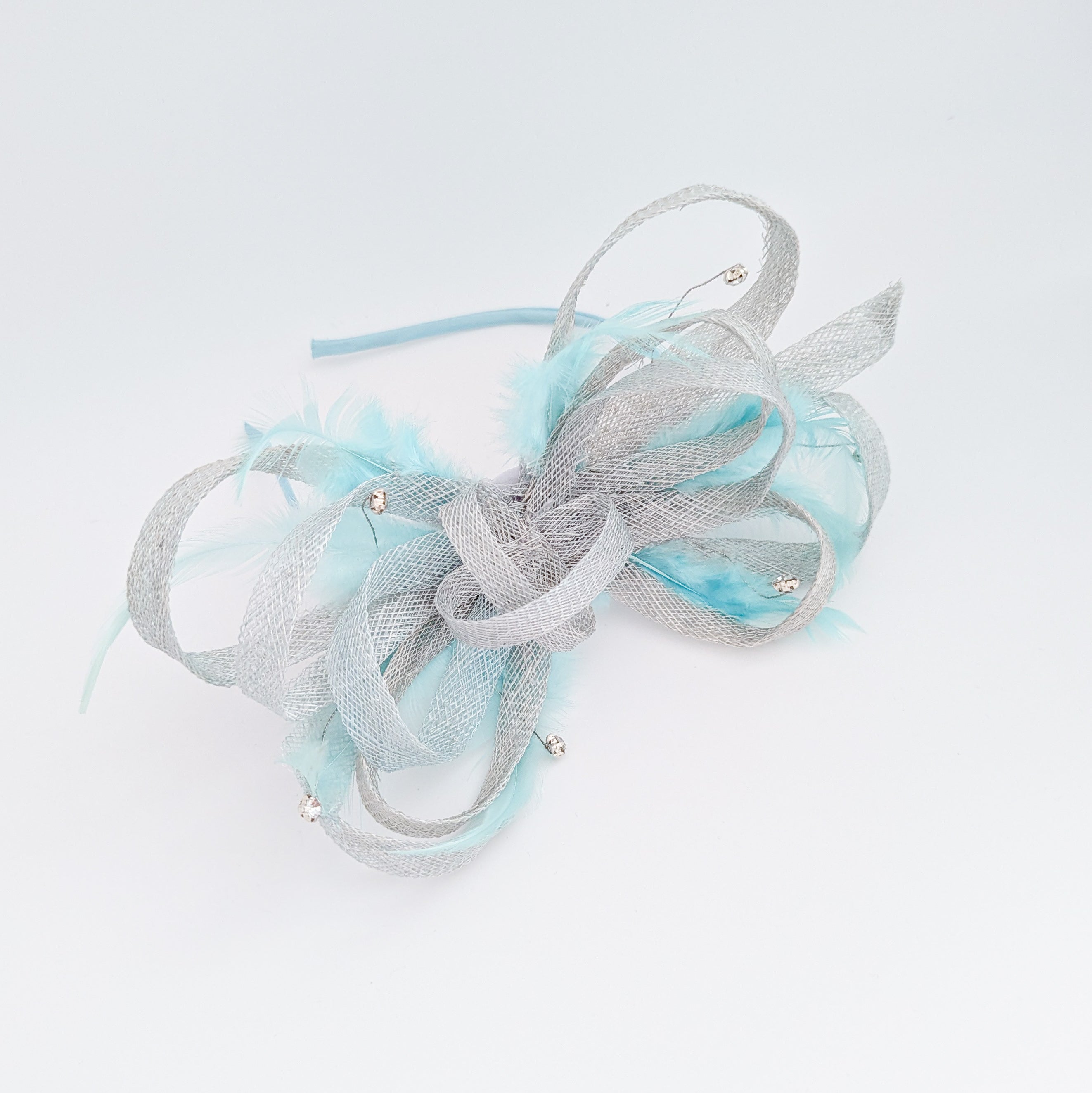 Cappello fascinator di piume di cristallo blu fiordaliso