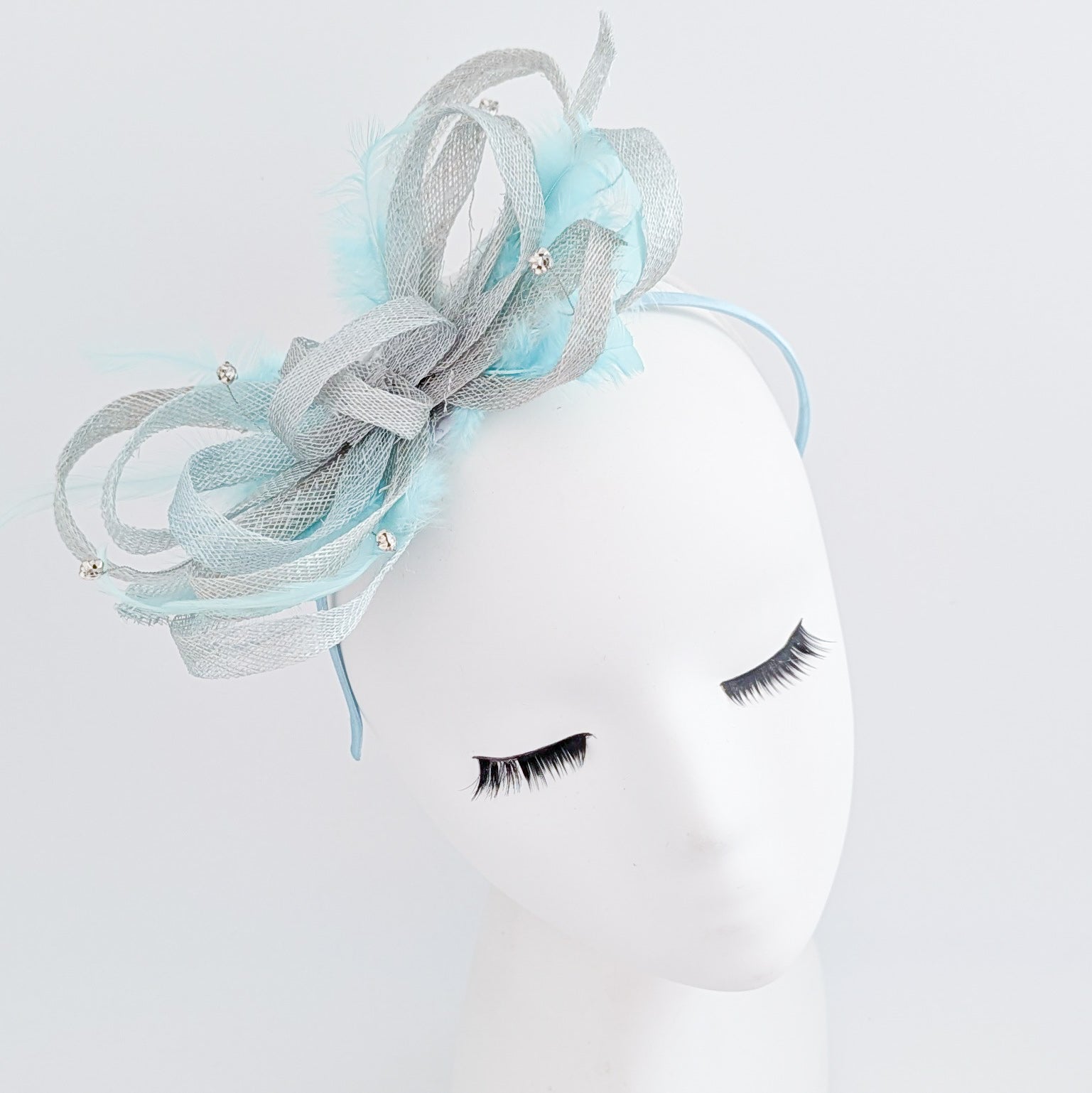 Cappello fascinator di piume di cristallo blu fiordaliso