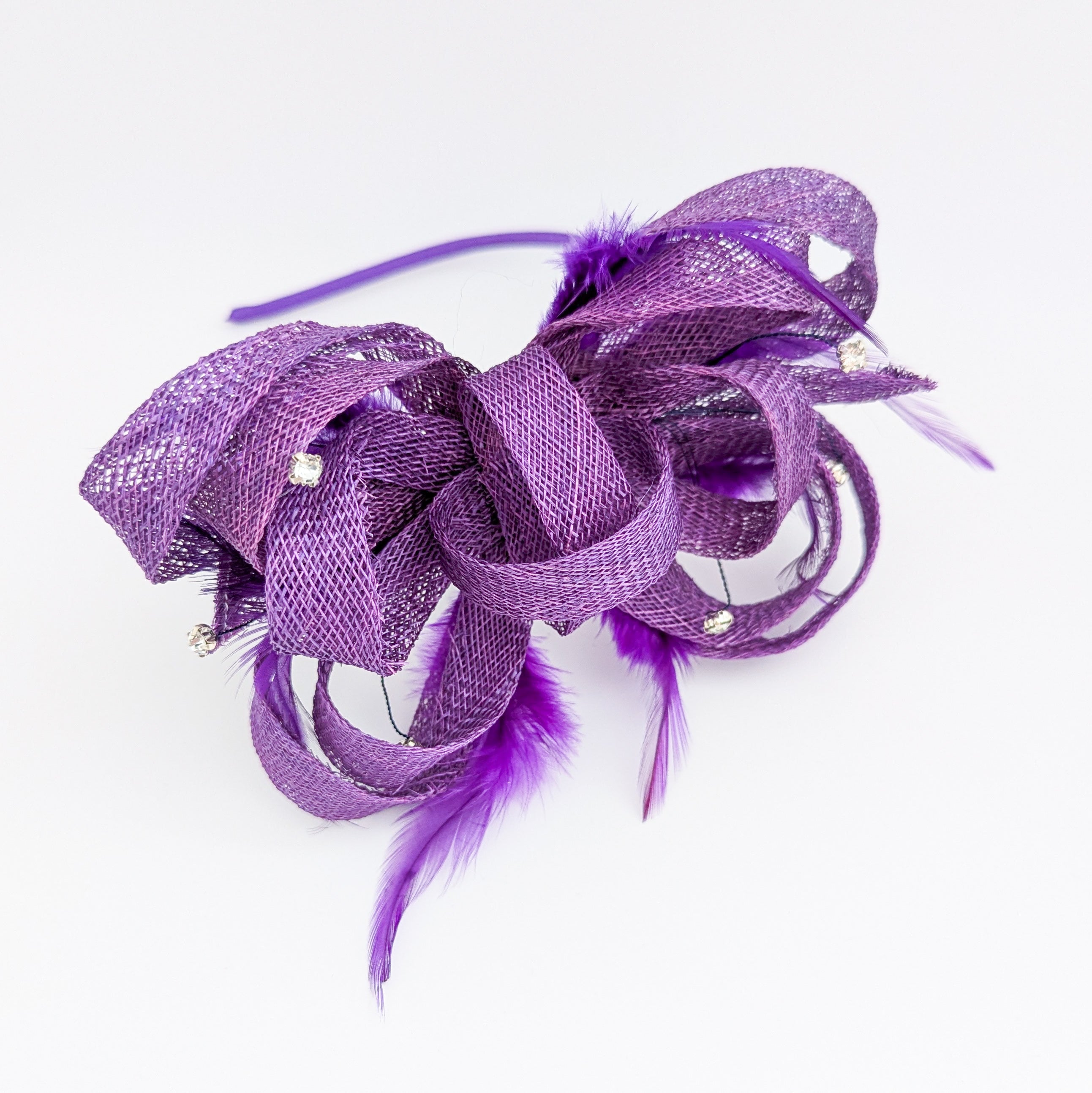 Royal purple crystal feather fascinator hat