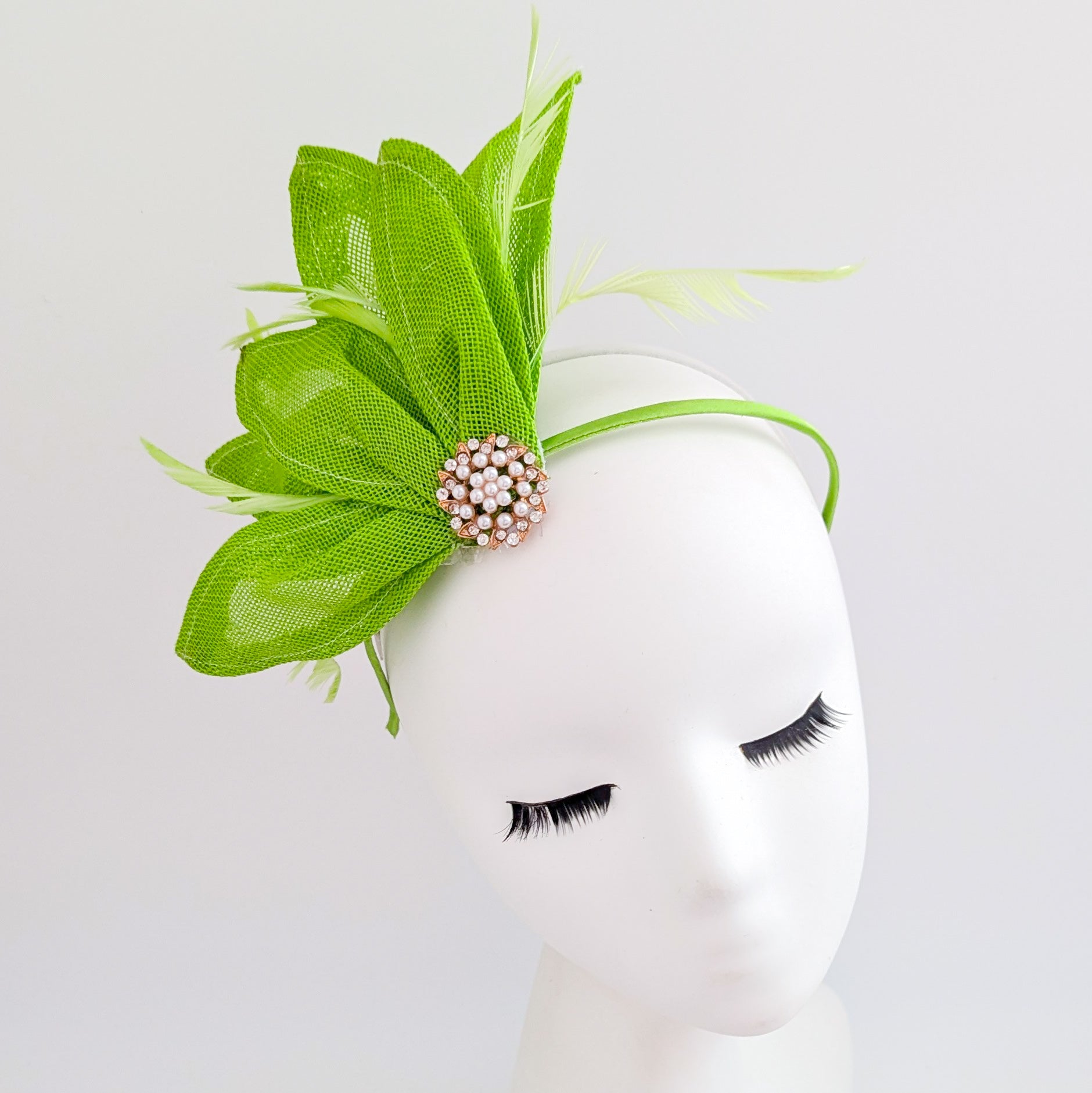 Matcha lime green feather petal fan fascinator hat