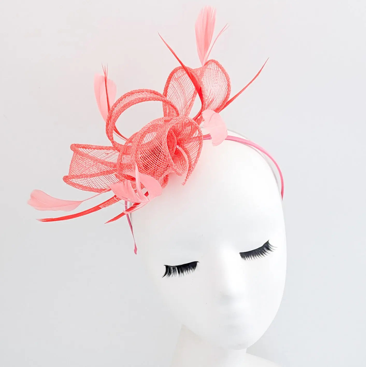 Watermelon coral feather fascinator hat House of Hats