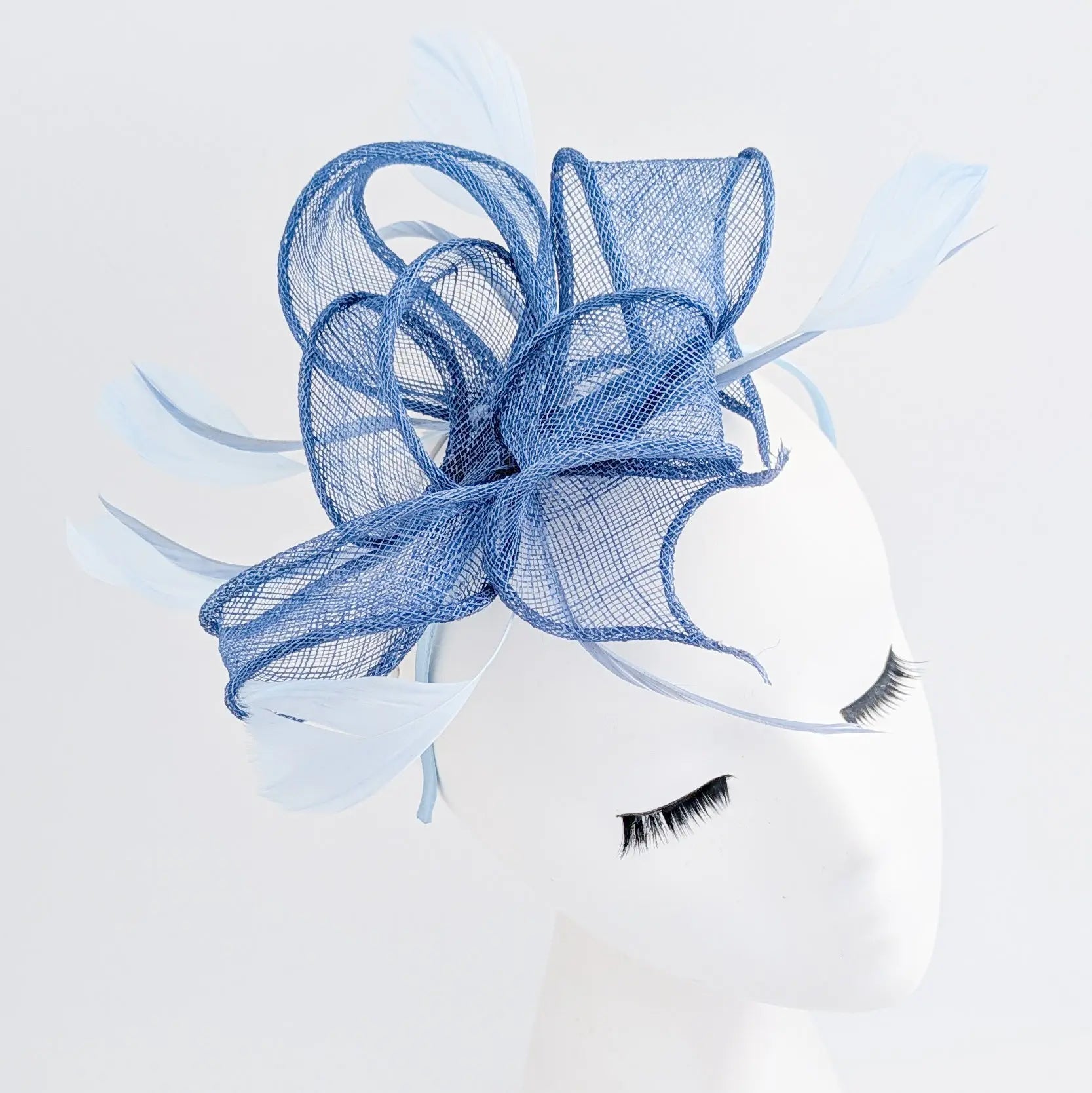 Cornflower blue feather fascinator hat House of Hats