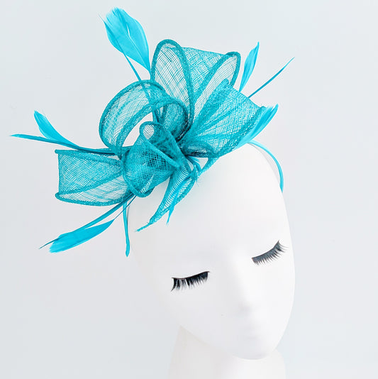 Dark acqua blue feather fascinator hat
