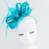 Dark aqua blue crystal feather fascinator hat