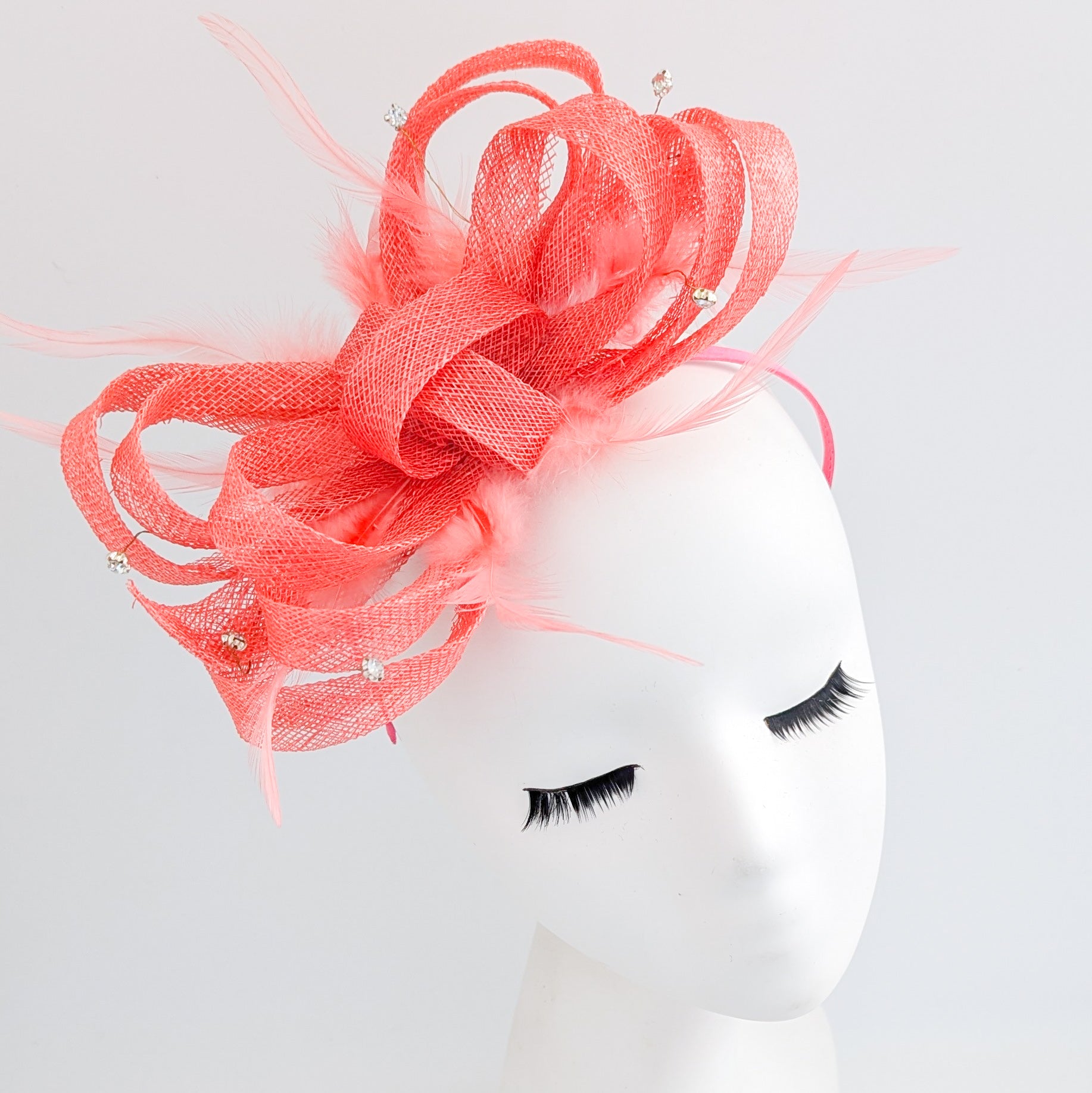 Watermelon coral crystal feather fascinator hat