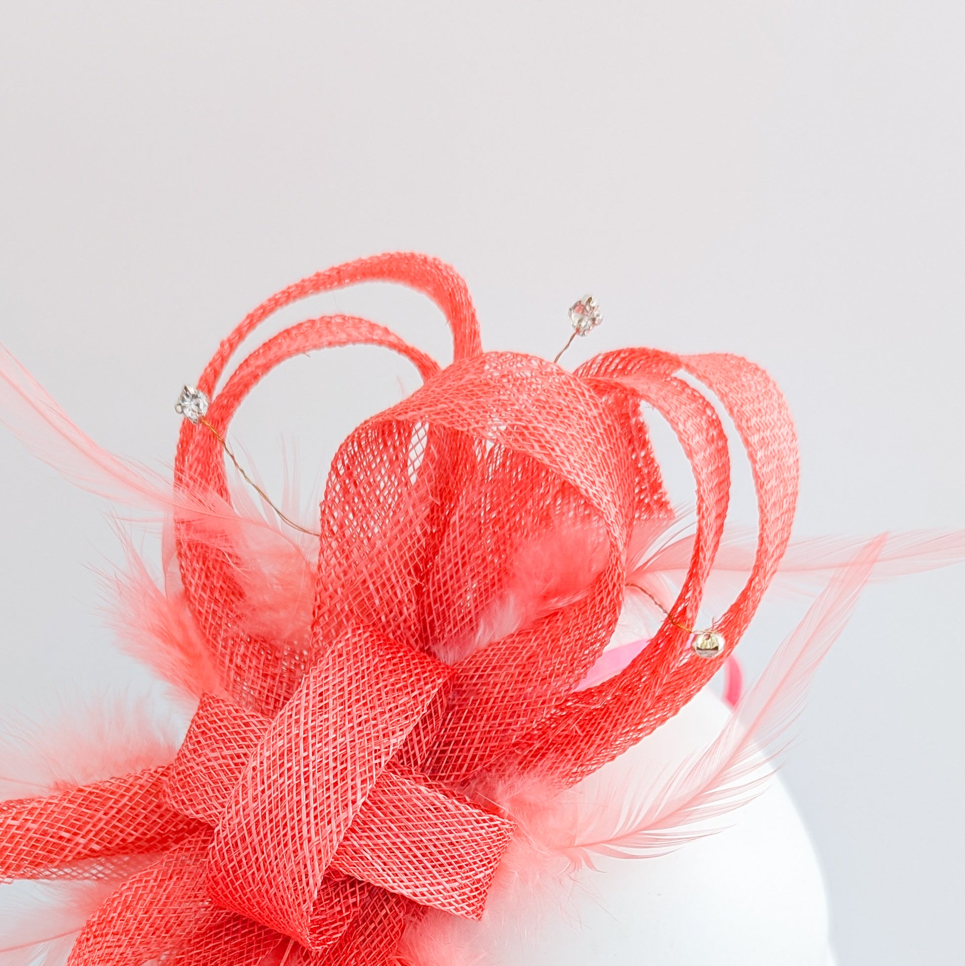 Watermelon coral crystal feather fascinator hat