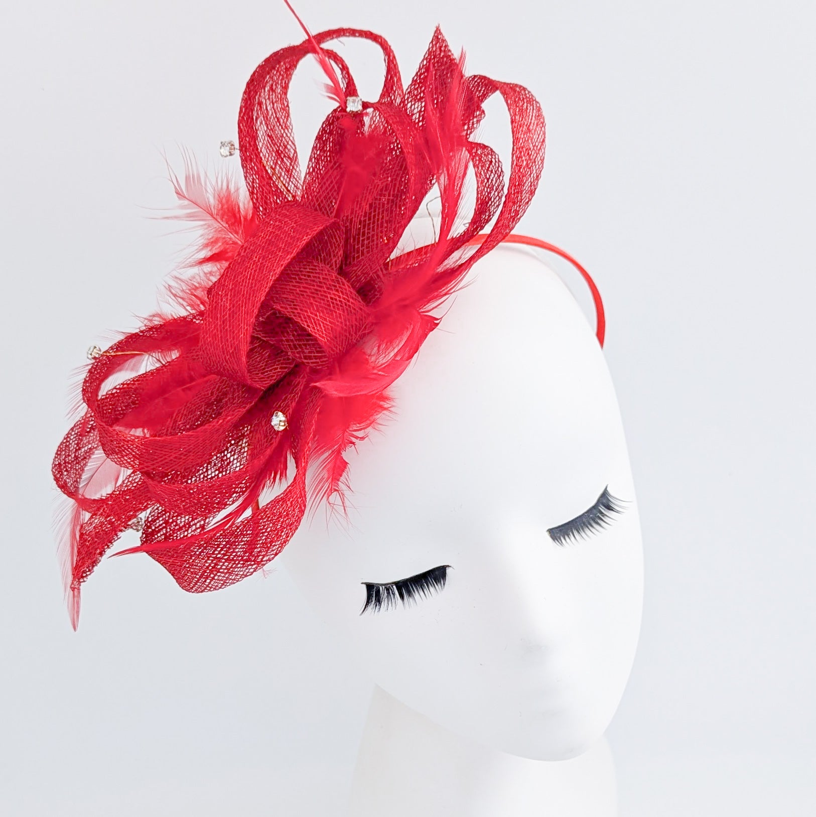Red crystal feather fascinator hat