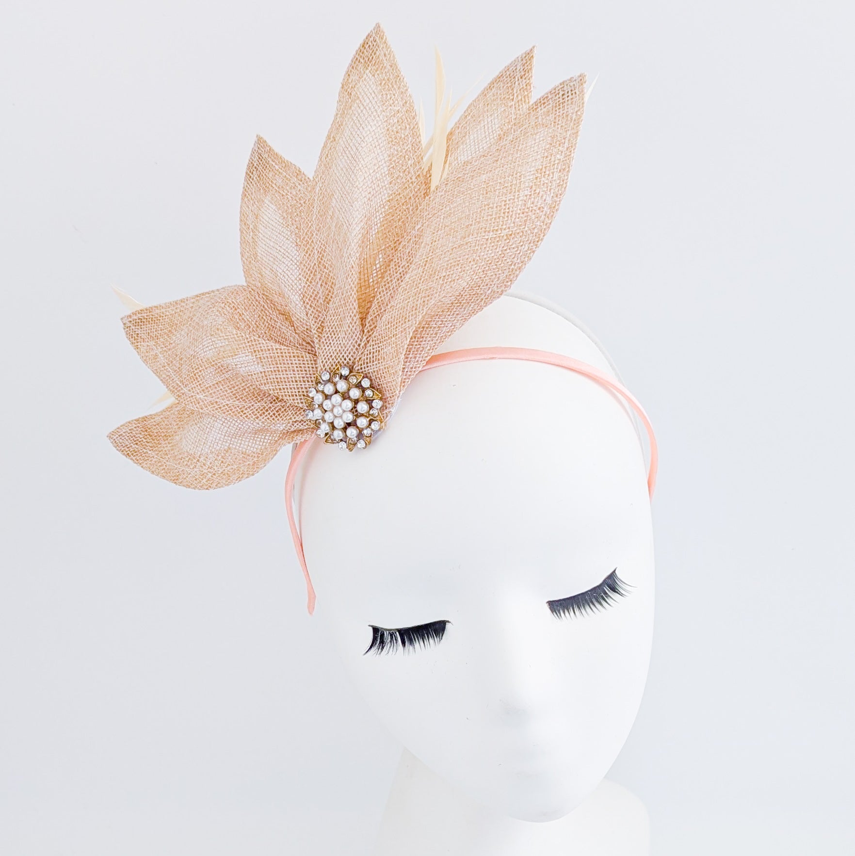 Beige peach feather petal fan fascinator hat