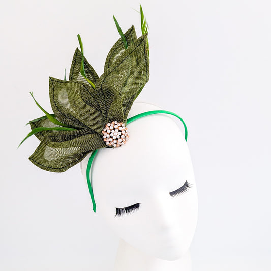 Moss green feather petal fan fascinator hat